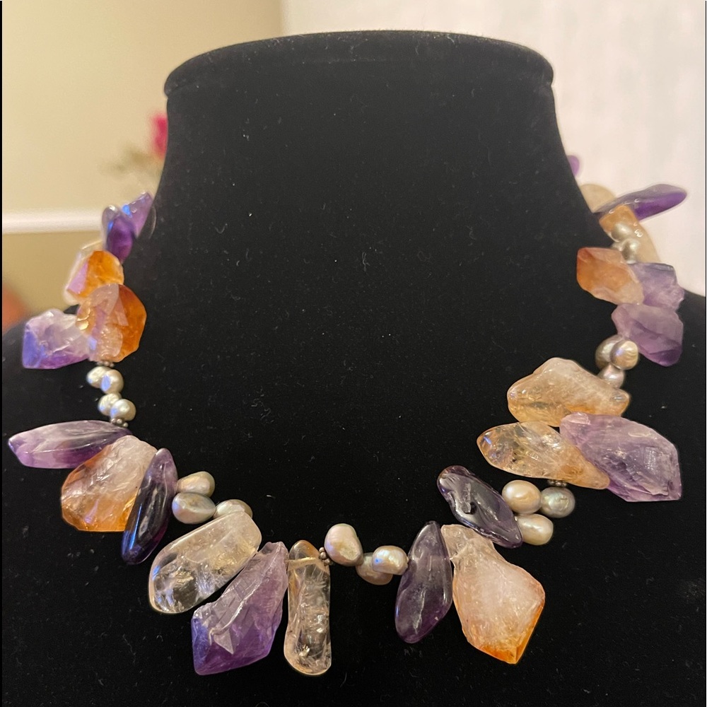 Natural stones necklace amethyst/citrine/pearls 17”